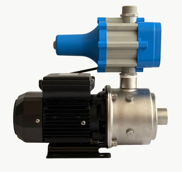 Pump with blue and silver components on a white background